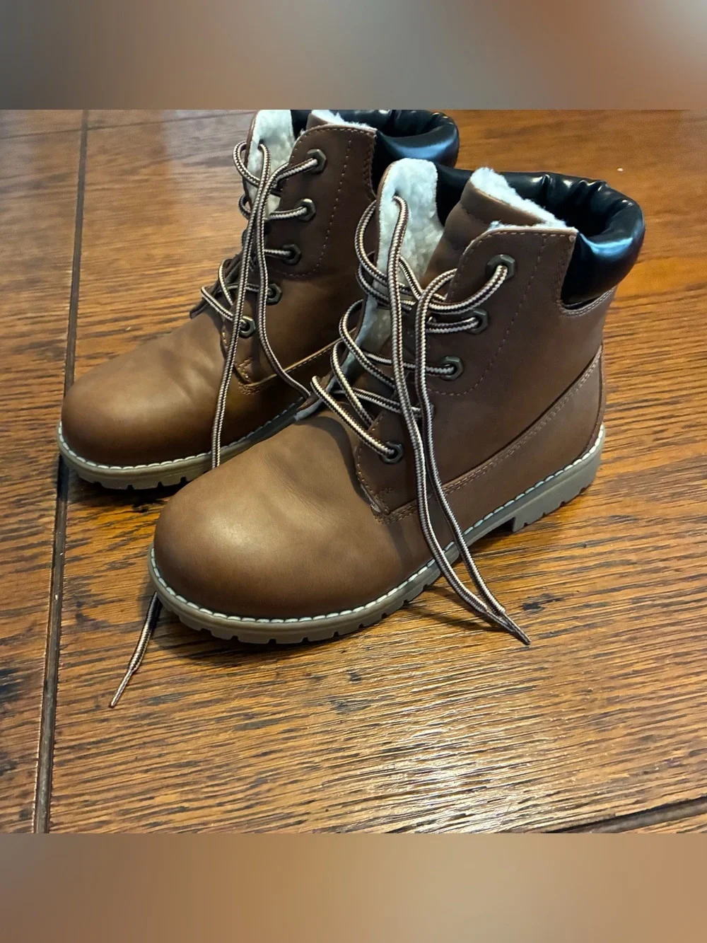 Kids Cozy Brown Lace-Up Winter Boots with Faux-Fur Collar